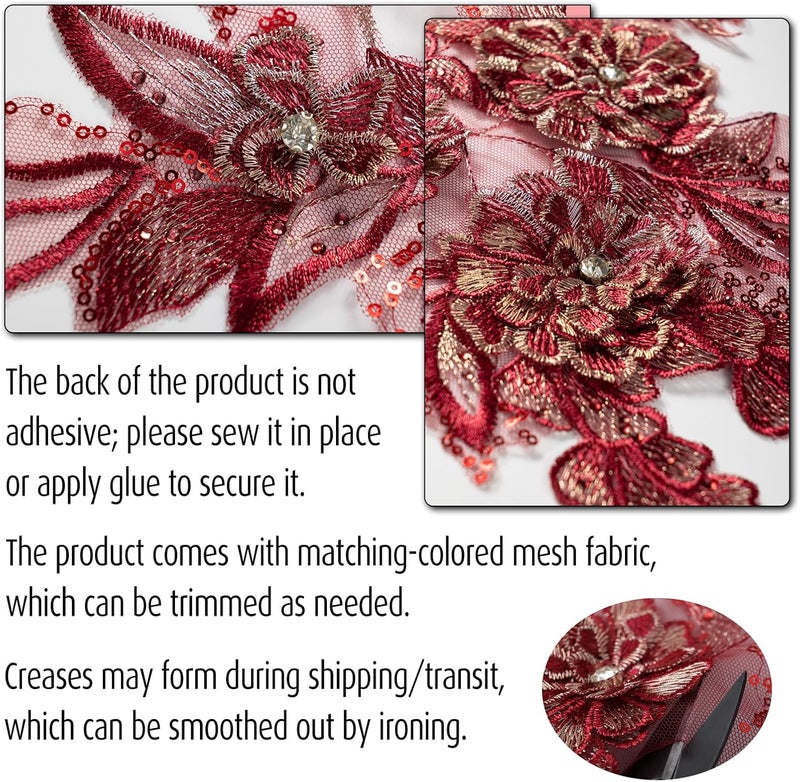 Silvora 3D Embroidered Flower Fabric Beaded Rhinestones Pearl Lace Applique, DIY Patches Accessory for Wedding Dresses，Neckline Bodice Pants(Red) - Image 4